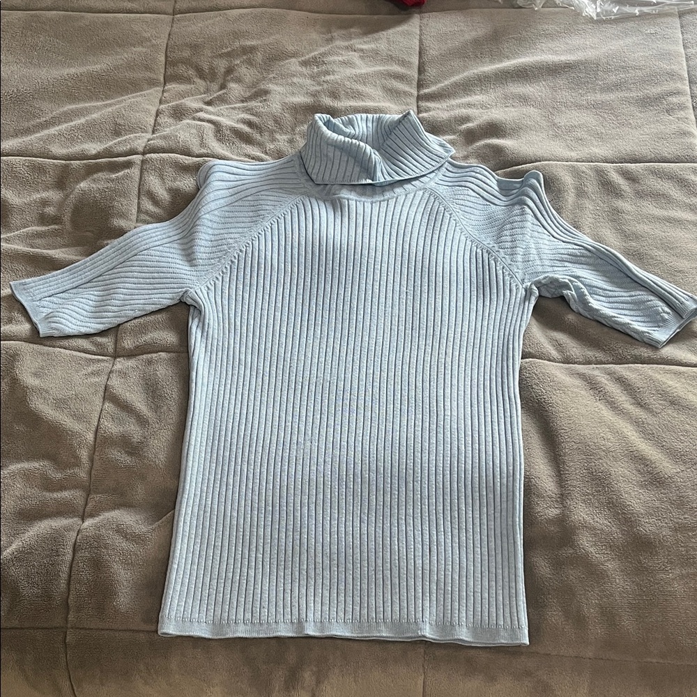 Etcetera Light Blue Ribbed Short Sleeve Silk Blend Turtleneck Sweater.